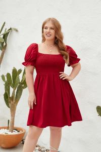 China Large Size Women′s Large Size Solid Color Leisure Holiday Dress Travel Square Collar Play Wrap Bubble Sleeve Dress factory