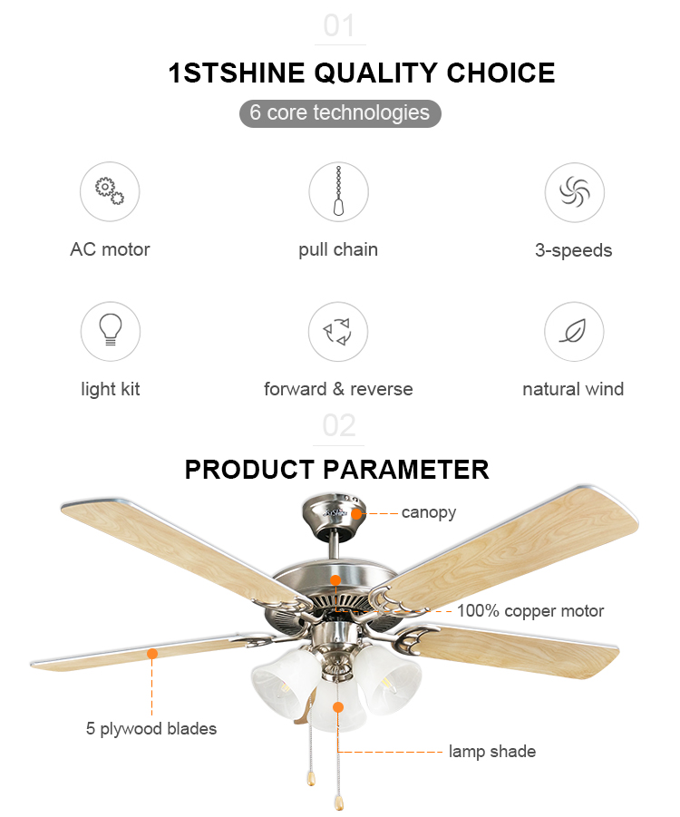 1stshine Traditional High Speed 5 Plywood Blades Ceiling Fan with Light Kit and Metal