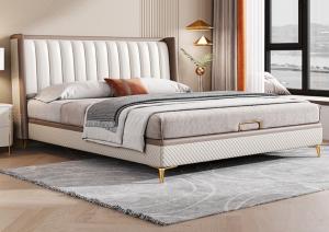 China Light Luxury Modern Bedroom Furniture Top Layer Cowhide Upholstered Double Bed 1.8 Meters factory