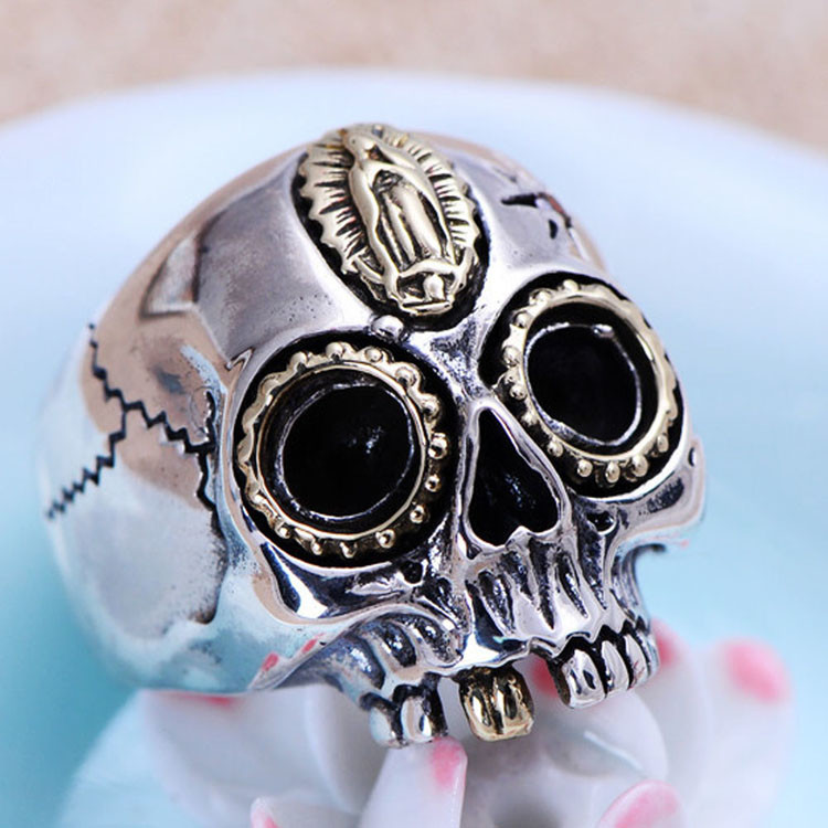 Retro Jewelry 925 Silver Golden Two Tones Skull Mens Ring (XH056039W)