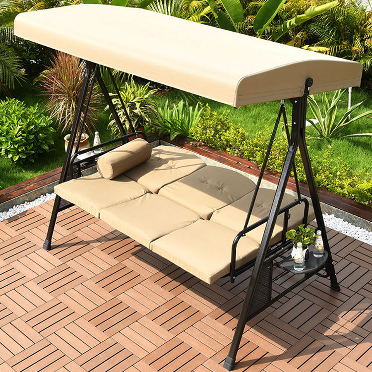 Outdoor Garden 3 Seats Swing Chair with Canopy and Adjustable Folding Steel Lounger Bed