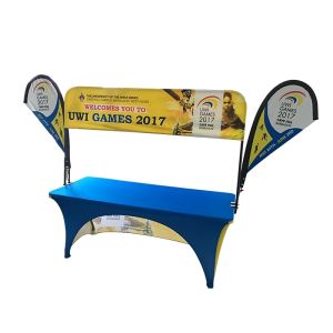 China Tradeshow Advertising Spandex Elastic Polyester table cloths with teardrop flag on sale