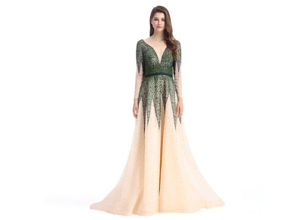 Beaded Lace European Style Long Backless Evening Dresses / Tulle Big Tail