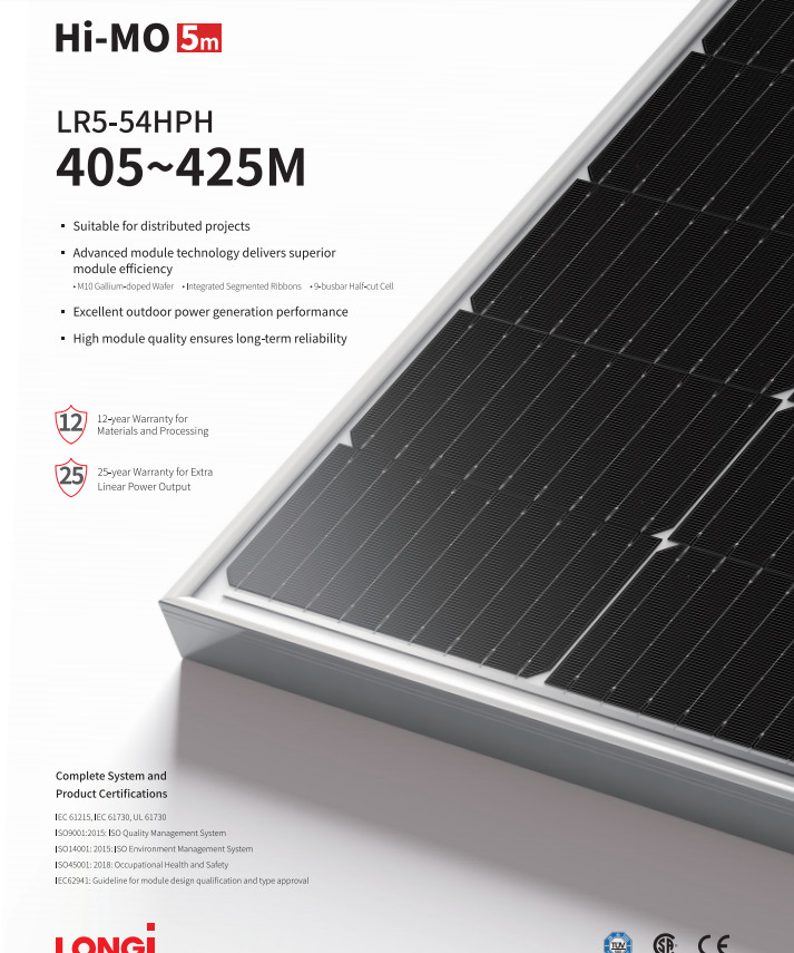 405 Watt Mono Rooftop Solar Panel Longi Hi Mo 5m LR5-54HPH 405M