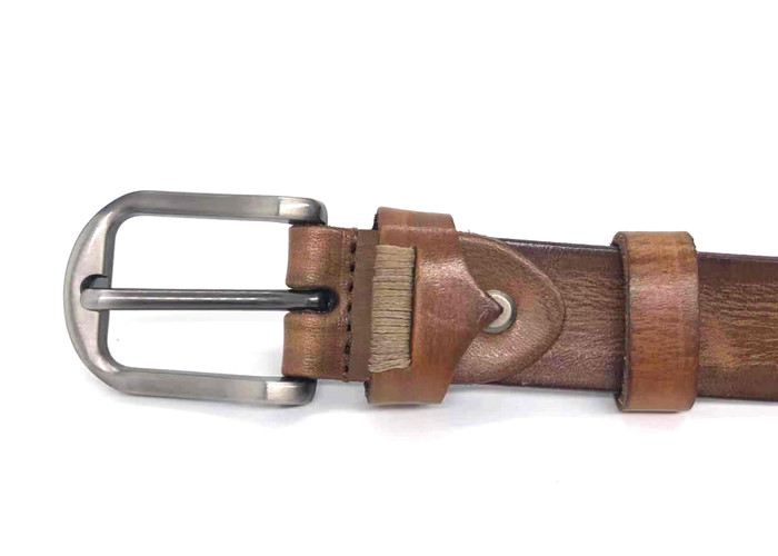 Tan Color Womens Genuine Leather Belt With Brushed Alloy Buckle / Jeans Waist Belt