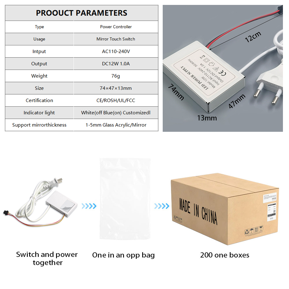 73*47*13mm Smart Bathroom Mirror Touch Switch with DC12V Output Voltage and LED Light