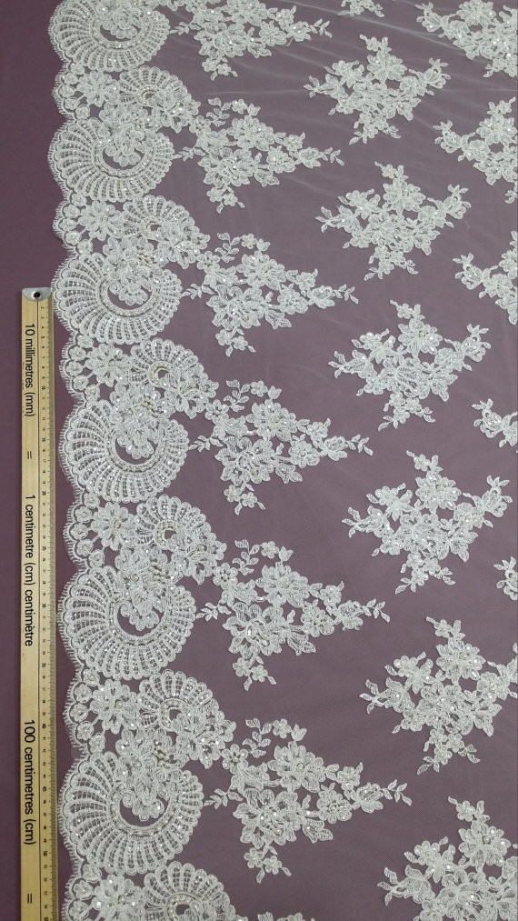 140cm Sequin Beaded Ivory Lace Fabric , White Embroidered Bridal Wedding Lace