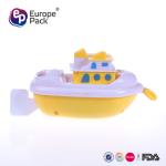 Plastic toy boat pull line drives the boat sailing
