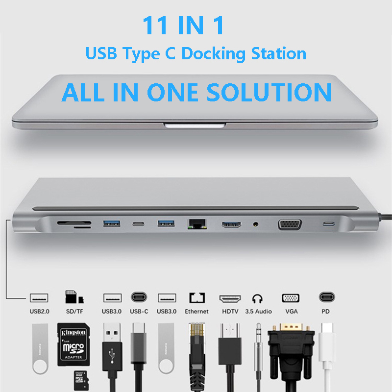 11 In 1 Multiport USB C USB-C Type-C PD 4K HDTV Hub Adapter Docking Station With RJ45