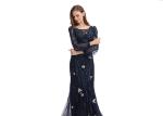 Dark Blue Lace Long Sleeve Ball Gowns , Sweep Train Elegant Long Sleeve Dresses