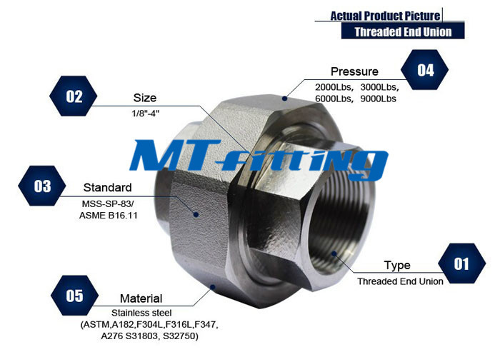 Threaded Forged High Pressure Pipe Fittings F304 / 304L 1/2 inch 3000LBS Stainless Steel Union