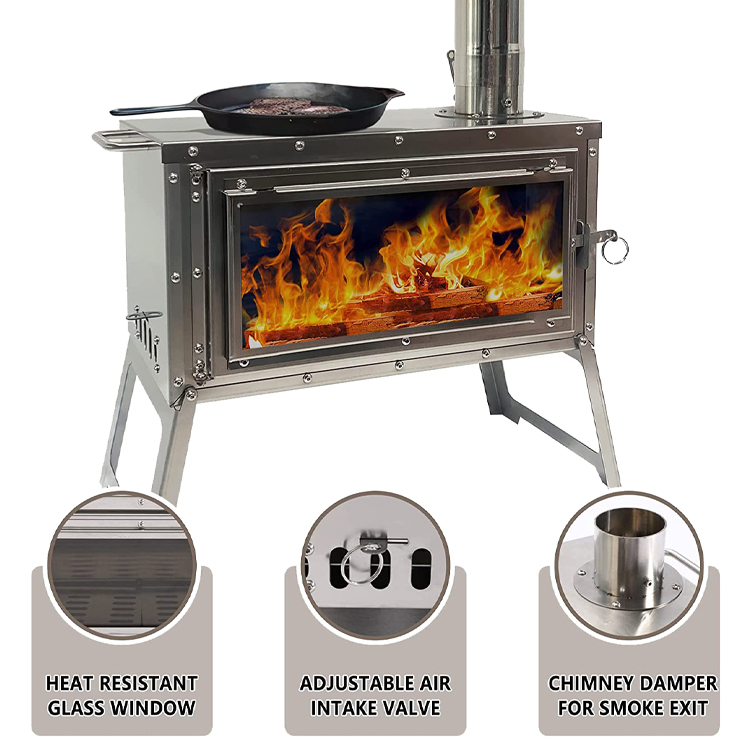 Outdoor Patio Camping BBQ Party Portable Stainless Steel Wood Burning Camp Stove with Chimney Pipes