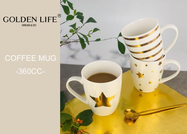 Ceramic Christmas Themed Mugs 360ML Capacity With Real Gold Star And Lines