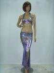 2 Pcs Belly Dancer Costume Purple Metallic Maxi Skirt Halter Neck Bra Flower