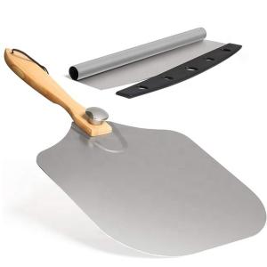 China 12*14 Inch Oven Square Pizza Peel Wooden Handle Aluminum Pizza Shovel With 14 Inch Stainless Steel Cutter Set factory