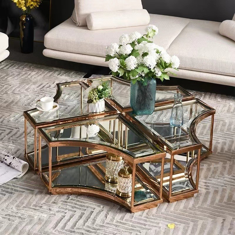 OEM Modern Glass Coffee Table Mirror Rose Gold Center Table For Lobby Home Villa