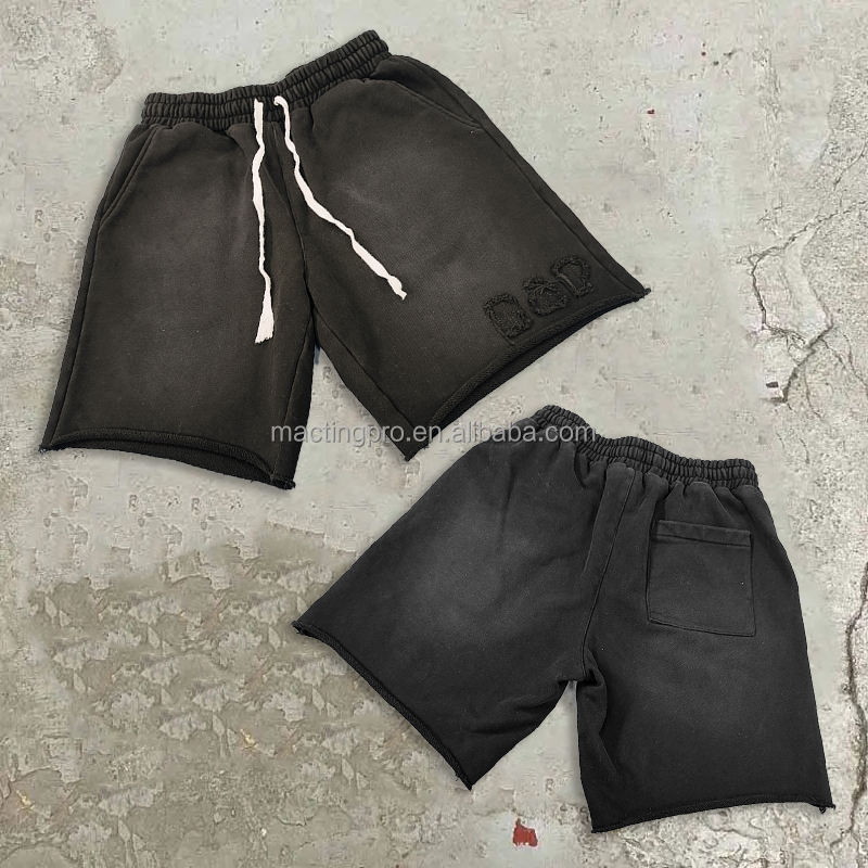 Distressed Embroidery Patch Acid Wash Vintage Cotton Jogger Sweat Shorts in Men's Size