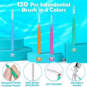 120Pcs Interdental Brush Kit 4 Sizes Soft Bristles With 360 Degree Bendable