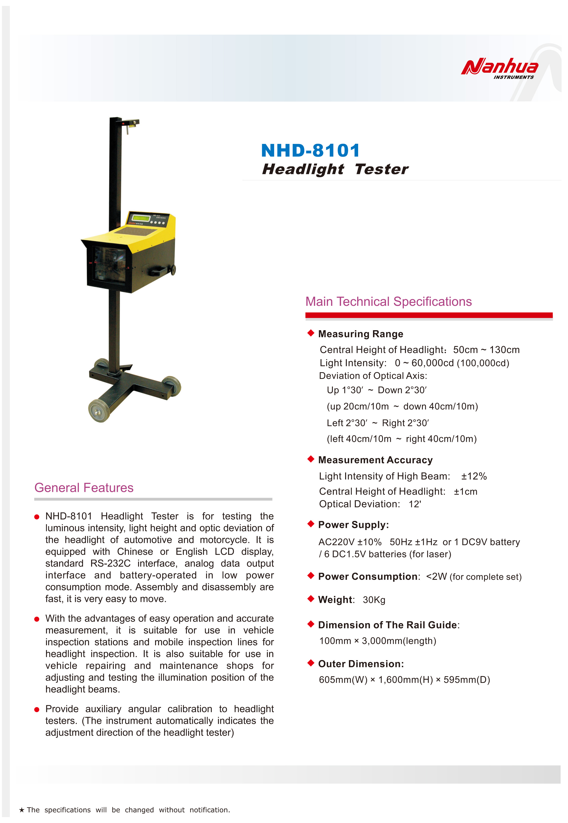 Steel NHD-8101 Headlight Tester With Laser Alignment Function 59cm Width