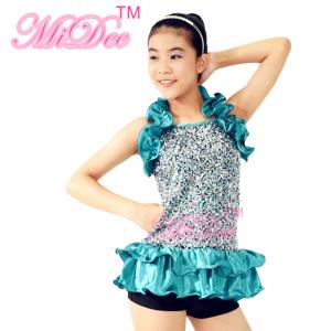 China 2 in 1 Glitter Sequin Bodice Ruflle Halter Neck Leotard Dance Competition Costumes factory