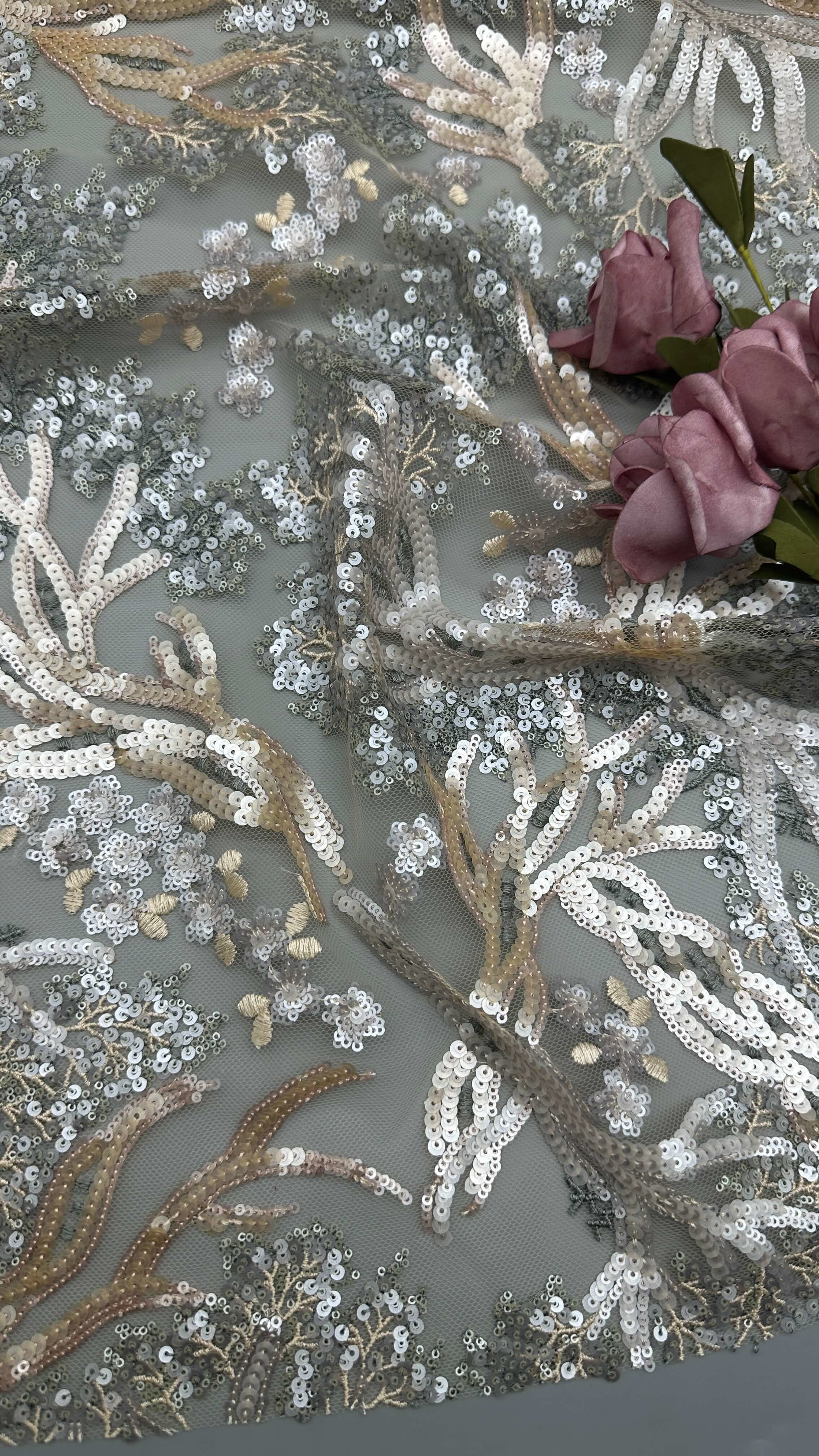 Leafy Sequin Embroidery Lace Fabric Durable and Elegant Luxary Fabric Wedding Party Occasions Sequin Embroidery Fabric