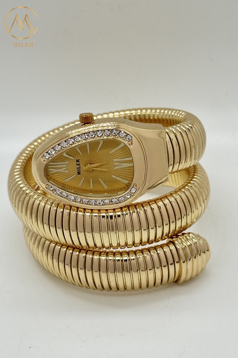 Creative Luxury Lady Quartz Watch High Quality with Snake Strap Alloy Gold-Plated Case