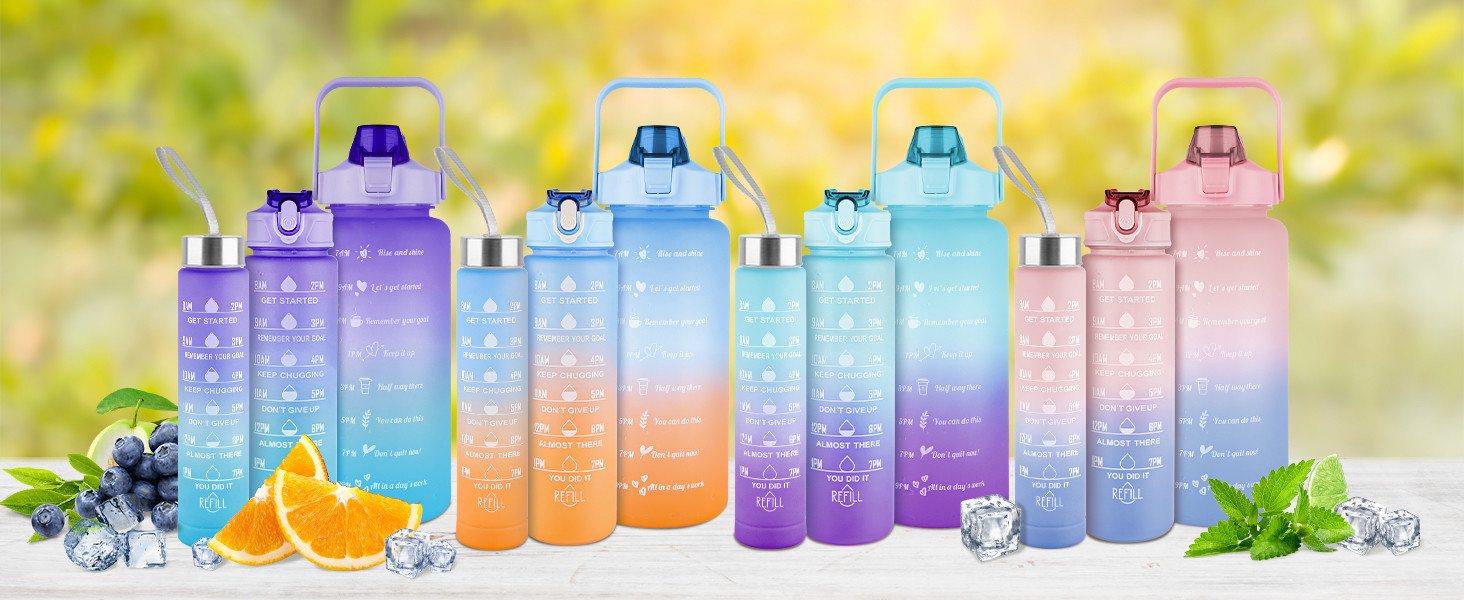 Water Bottles 3 Pcs Set With Time Marker Wide Mouth Leakproof Sports Fitness Gym Camping SpillProof For School Fitness Enthusiasts Indoor