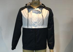 China Hooded Cagoules Mens Polyester Bomber Jacket Navy White Block Soft Shell Fabric factory