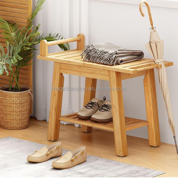 Eco-friendly 2-Tier Bamboo Shower Bench with Storage Shelf Natural Bamboo Color Spa Stool