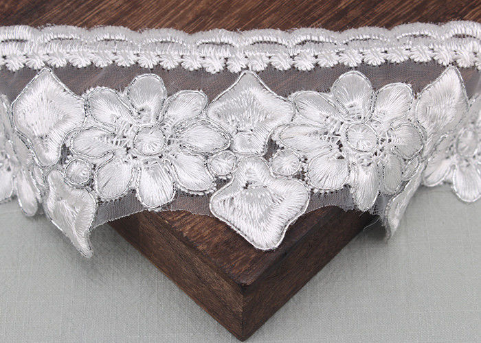 White Lace Ribbon Embroidery Fabric With Silver Lurex Poly Yarn Eco - friendly