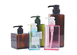 China Clear Brown and Green 250 450 650ml Empty PET Packaging square Plastic Shampoo Bottle for Liquid and Lotion factory
