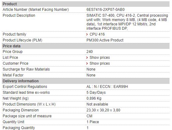 6ES7416-2XP07-0AB0 6ES7 416-2XP07-0AB0 Siemens Standard CPU