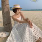 Sexy Back Tie Strap 115cm White Sleeveless Beach Dress Mid Length