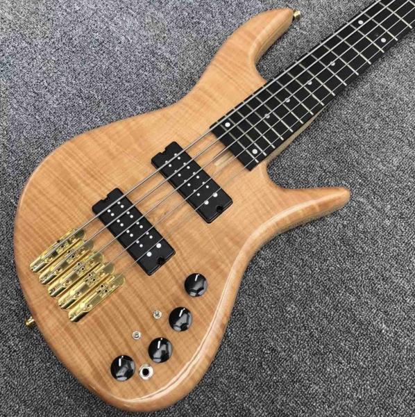 Solid Flame Maple Top 5 Strings Bass Guitar Ebony Fingerboard Custom Gold