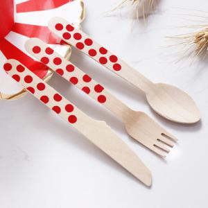 China Eco Friendly 160MM Red Dots Wooden Cutlery Knife Fork Spoon Uensils Set factory