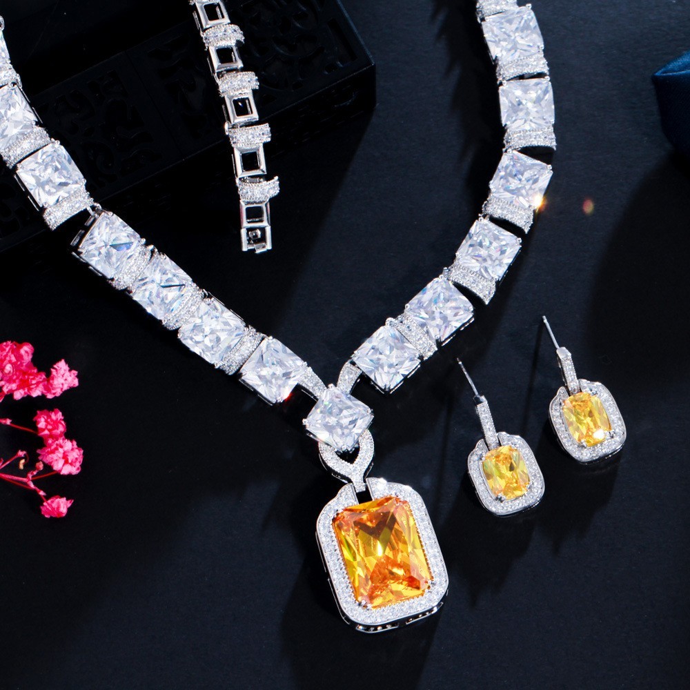 Square Shaped Pendant Necklace with Dazzling CZ Fashion Necklace Bracele Earring Wedding Necklace Jewelry Sets