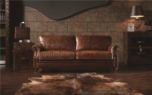 China Top Grain 3 Seater Brown Leather Sofa , Three Seater Leather Settee Brass Wheel Legs factory