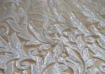 Scalloped Edge White Sequin Mesh Fabric For Party Gown Rich Leaves Design