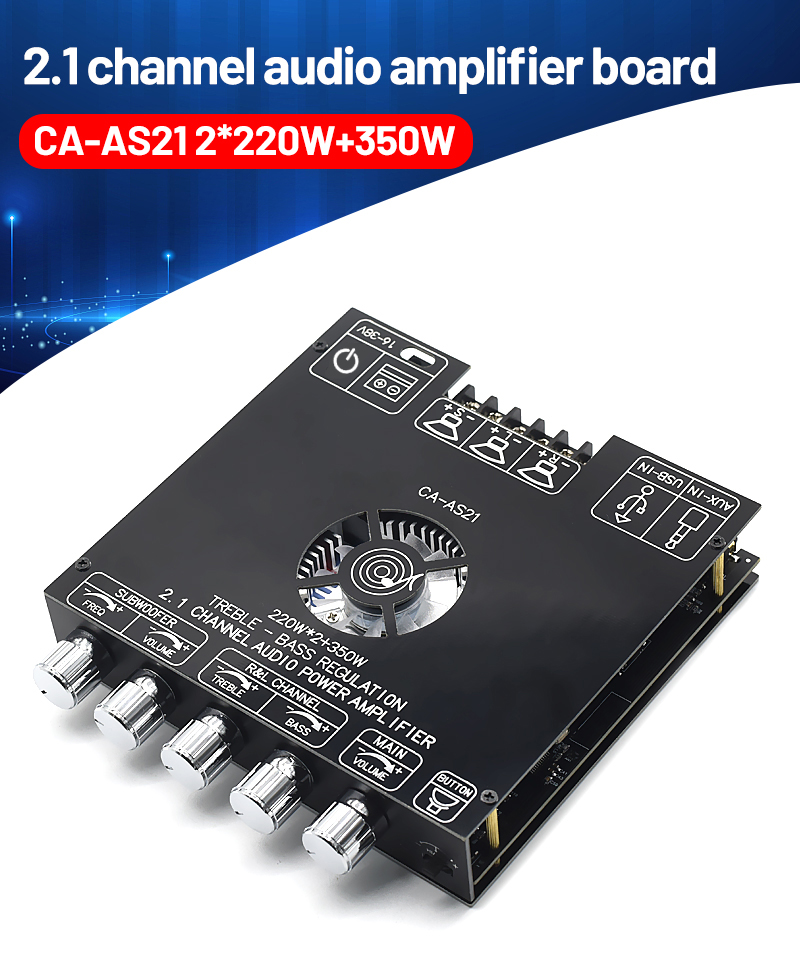 ZK-AS21 2.1 Channel Digital Power Amplifier Board Module 220W*2+350W High Low Tone Subwoofer TPA3255 BT Home Audio AS21