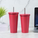24oz Large Reusable Eco-Friendly Tumbler With Wide Soft Tip Metal Straw , Leak