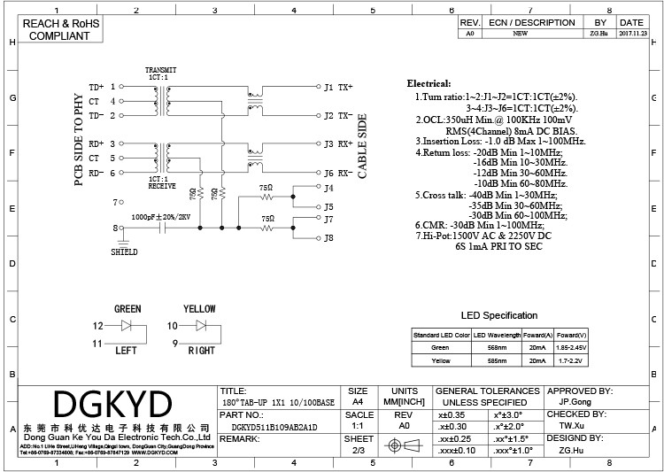 DGKYD511B109AB2A1D 1X1 180 Degree RJ45 Ethernet Connector With LED