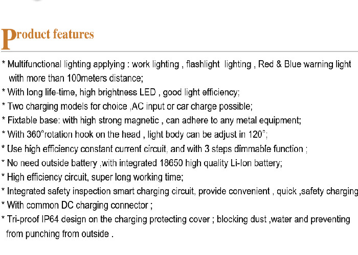 Dimmable Magnetic Battery LED Work Light With DC Charging Connector 440g