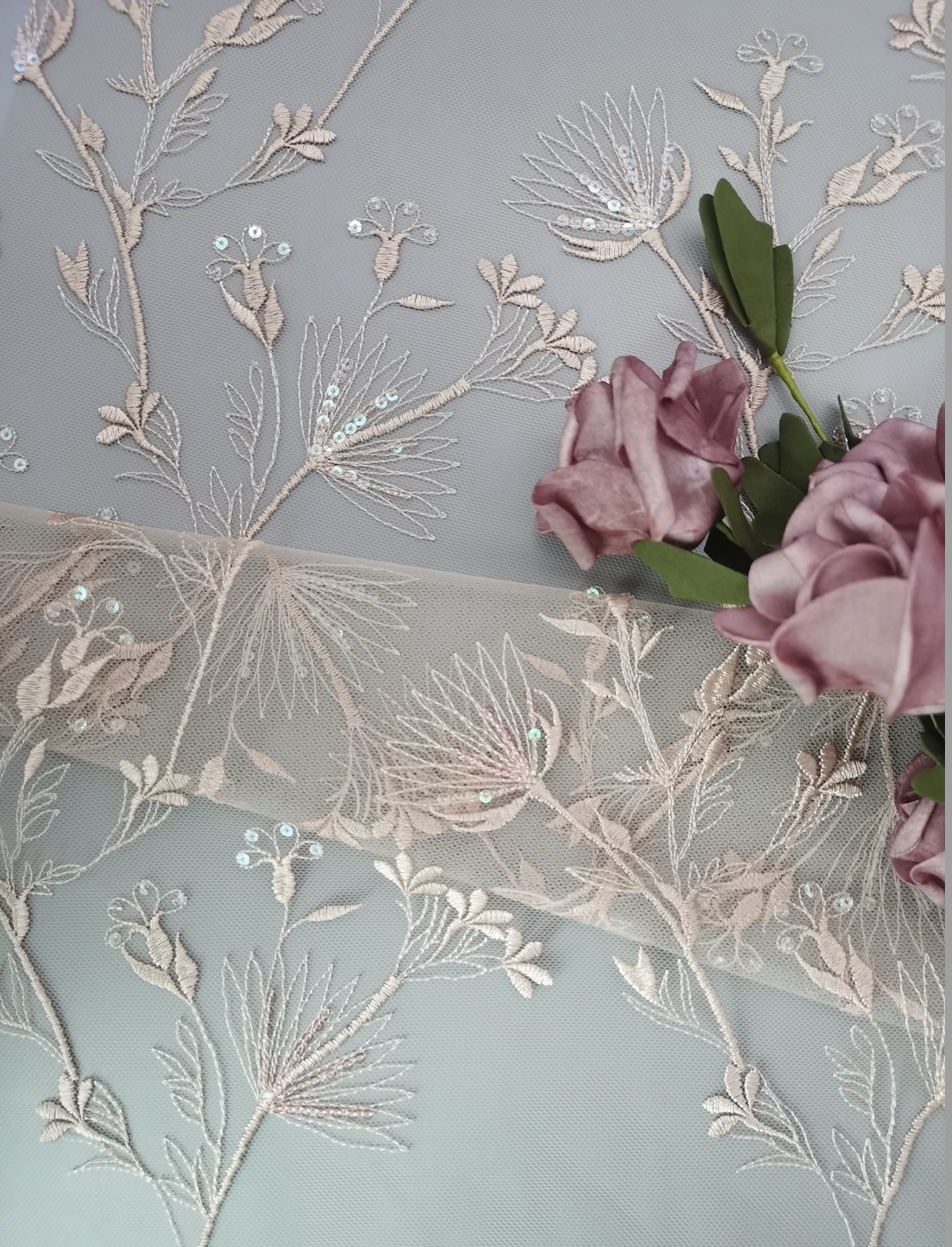 Light Pink French High End 3d Sequin Embroidered Fabric Tulle Lace Fabric