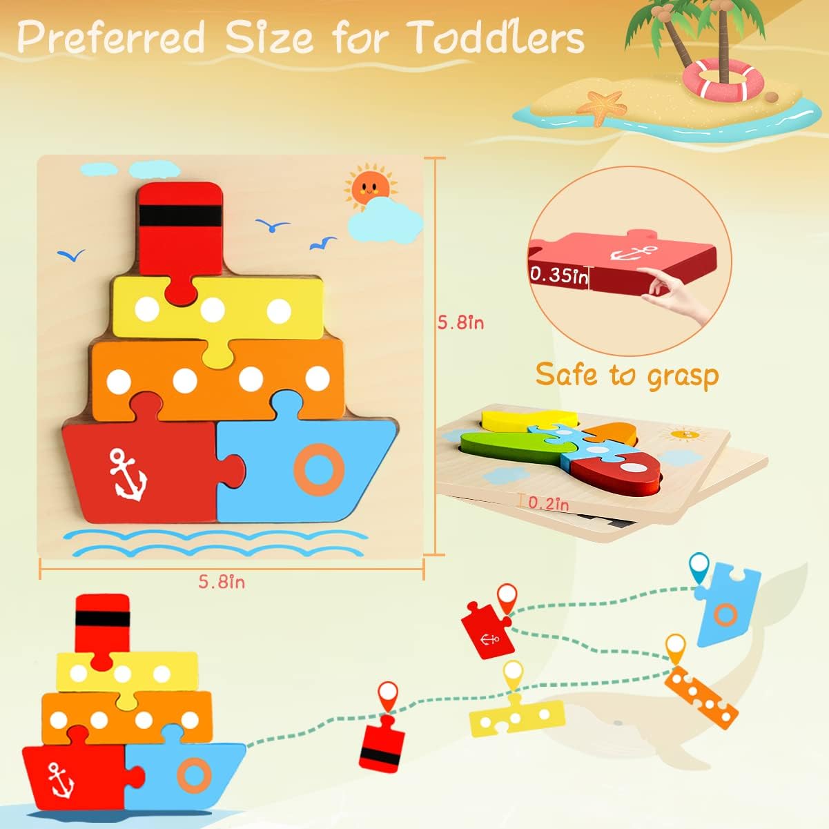 Unisex Kids Infant Toddlers 6 Packs Vehicle Shape Wooden Puzzles for Sensory Learning