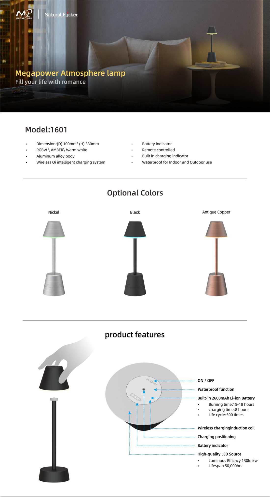 Wifi Rechargeable Table Lamp Dimmable RGBW Night Light, Waterproof for Living Rooms, Bedrooms and Outdoor