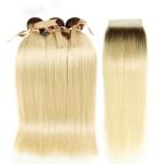 1b/613 Brazilian Straight Hair Weave Bundles With Closure Golden Color