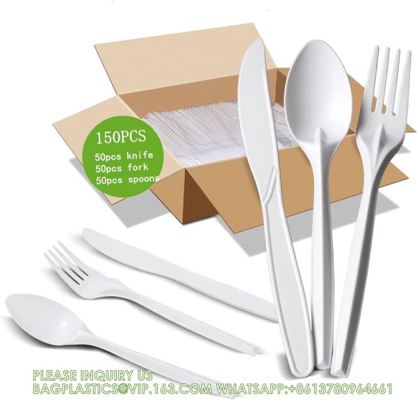 Compostable Cutlery Set Eco-Friendly Heavy Duty Utensils (50 Forks, 50 Spoons,