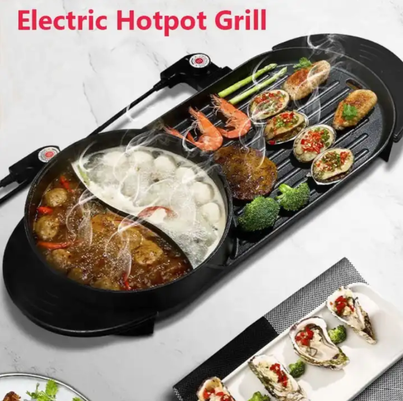 230V 2 in 1 Multi-function 2200W Cast Aluminum Non-stick Cooking Pan Grill With Hot Pot