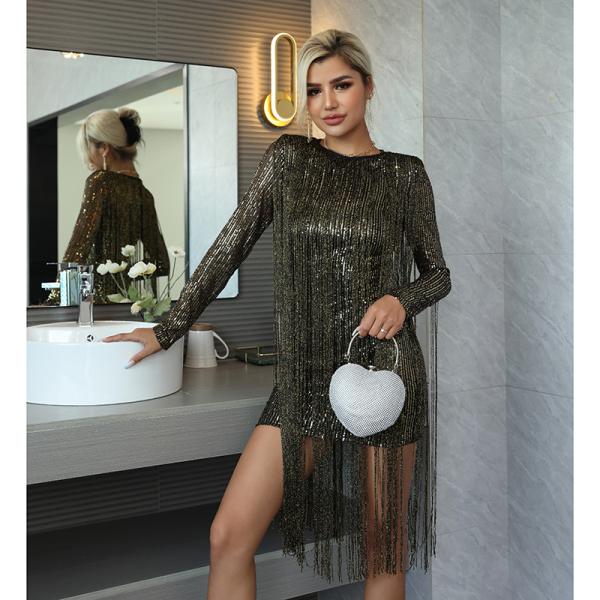 Sequin And Beaded Tassel Dress Radiant Nights Beaded Fringed Long Sleeve Woven