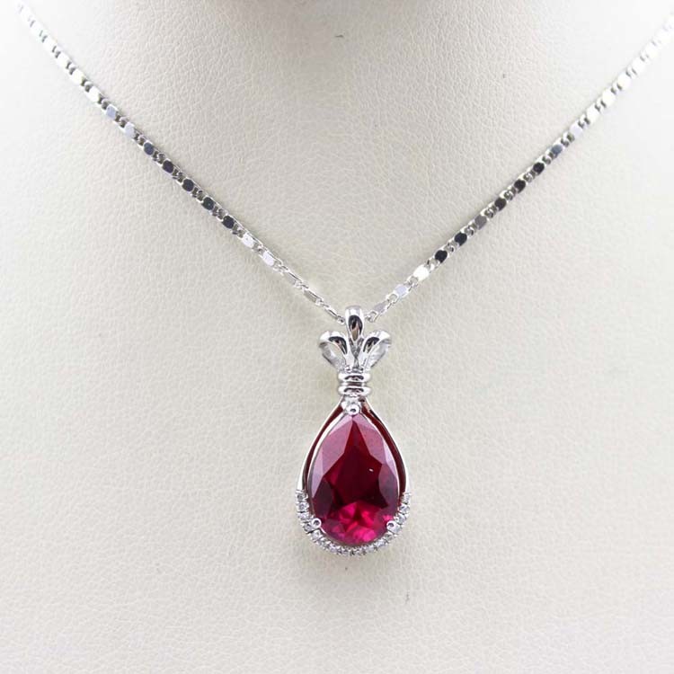 Women Fashion 7mm x 9mm Pear Shaped Ruby Cubic Zirconia Silver Pendant Necklace(P26)